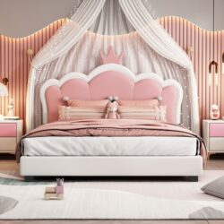 Full Size Upholstered Princess Bed With Crown Headboard, Full Size Platform Bed With Headboard And Footboard - White / Pink