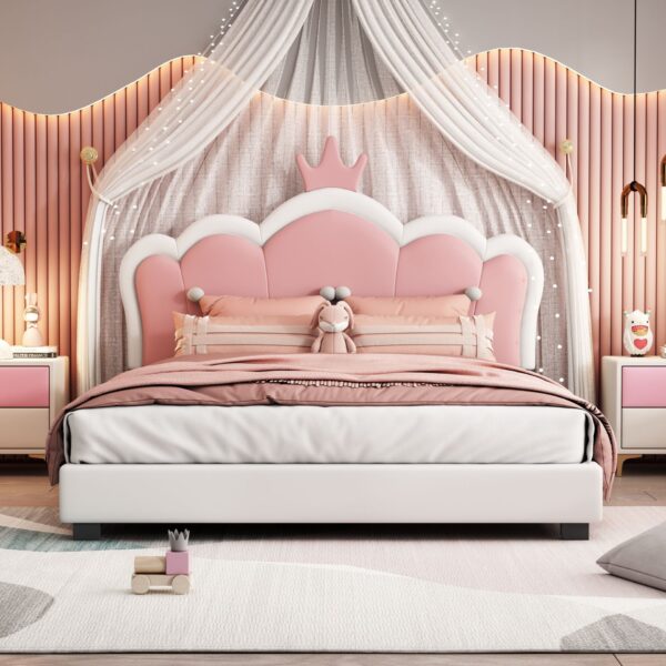 Full Size Upholstered Princess Bed With Crown Headboard, Full Size Platform Bed With Headboard And Footboard - White / Pink