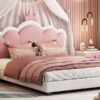 Full Size Upholstered Princess Bed With Crown Headboard, Full Size Platform Bed With Headboard And Footboard - White / Pink - Image 10