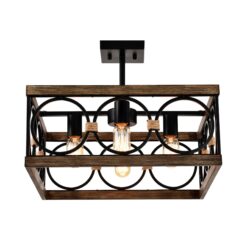 4 Light Square Kitchen Island Lights Ceiling Light Farmhouse Dining Room Light Fixture, Wood And Metal Rectangular Ceiling Light, Ceiling Lighting For Living Room, Conference Room, Home Office - Black