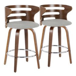 Cosini - Mid-Century Modern Fixed Height Barstool With Swivel With Round Footrest (Set of 2) - Walnut / Gray