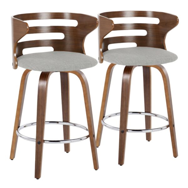 Cosini - Mid-Century Modern Fixed Height Barstool With Swivel With Round Footrest (Set of 2) - Walnut / Gray