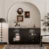 Accent Cabinet Lacquered Wooden Cabinet With 4 Glass Doors Sideboard Buffet Server Cabinet Storage Cabinet, For Living Room, Entryway, Hallway, Office, Kitchen And Dining Room - Black - Image 2