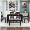 6 Piece Kitchen Dining Table Set Wooden Rectangular Dining Table, 4 Chairs And Bench Family Furniture - Espresso - Image 3
