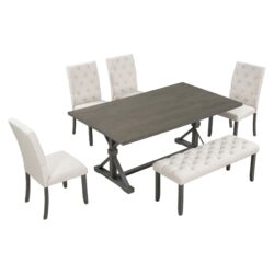 Farmhouse Dining Table Set 6 Piece Wood Table, Upholstered Chairs & Bench - Gray
