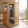 Red Cedar Mini 1 Person Far Infrared Glass Door On The Left Of The Indoor Sauna Room - Natural Wood / Caramel - Image 8
