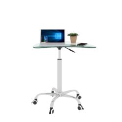 Adjustable Height Transparent Tempered Glass Table Desk Table With Lockable Wheels - Transparent / White