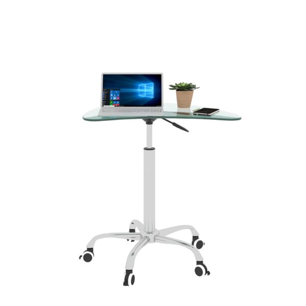 Adjustable Height Transparent Tempered Glass Table Desk Table With Lockable Wheels - Transparent / White