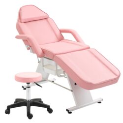 Massage Salon Tattoo Chair With Two Trays Esthetician Bed With Hydraulic Stool, Multi-Purpose 3-Section Facial Bed Table, Adjustable Beauty Barber Spa Beauty Equipment - Pink
