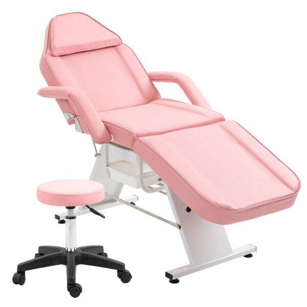 Massage Salon Tattoo Chair With Two Trays Esthetician Bed With Hydraulic Stool, Multi-Purpose 3-Section Facial Bed Table, Adjustable Beauty Barber Spa Beauty Equipment - Pink