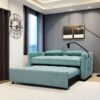 3 In 1 Convertible Sleeper Sofa Bed, Modern Velvet Fabric Futon Sofa Couch Pullout Bed, Adjustable Backrest With Three USB Ports, Two Side Pockets, Two Cup Holders And Swivel Phone Holder - Light Blue - Image 3
