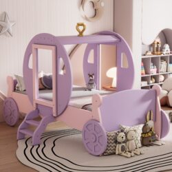 Twin Size Princess Carriage Bed With Crown, Platform Car Bed With Stair - Purple / Pink