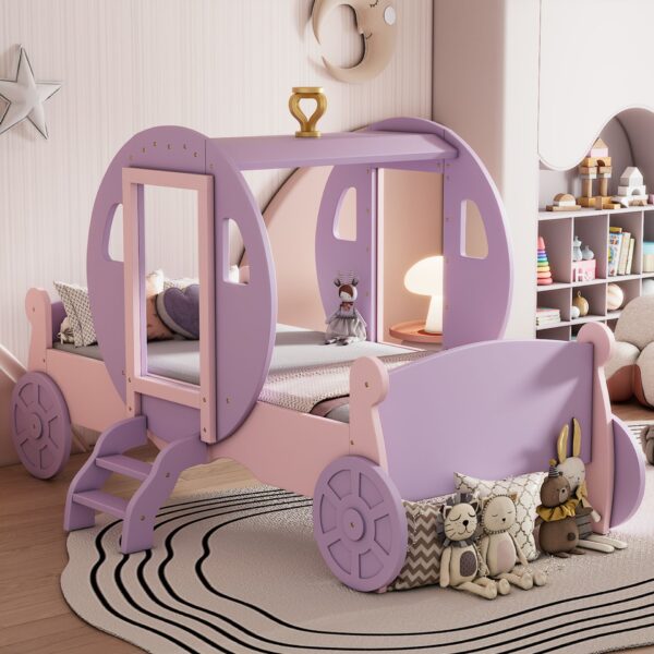 Twin Size Princess Carriage Bed With Crown, Platform Car Bed With Stair - Purple / Pink