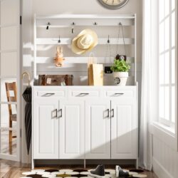 Minimalist 4 Door Shoe Cabinet With Coat Rack, Spacious Top, 3 Drawers, 8 Shelves, Metal Hooks And Handles For Hallway - White