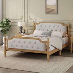 Full Size Traditional Style Solid Bed Frame With Upholstered Tufted Headboard, No Box Spring Needed - Antique Walnut