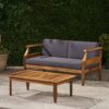 Aston - 2 Piece Wood Outdoor Patio Conversation Seating Set With Gray Cushions - Teak Brown - Image 6