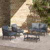 4 Piece Outdoor Patio Furniture Set, Metal Chairs With Woven Rope U Shaped Backrest, Outdoor Conversation Set With Thick Cushions And Coffee Table For Garden, Poolside, Balcony - Black / Gray - Image 6