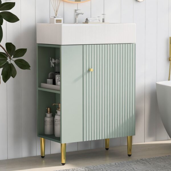 Bathroom Vanity, Combo Cabinet, Bathroom Storage Cabinet, Single Ceramic Sink, Left Side Storage - Green