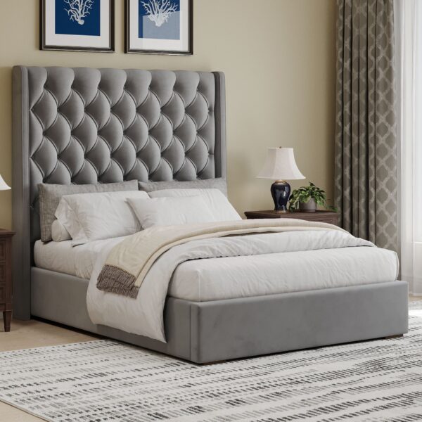 Tall Headboard Upholstered Queen Size Bed With Handmade Deep Button Tufted, Box Spring Needed, Velvet - Gray
