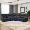 Modern Faux Leather Manual Reclining With Center Console With LED Light Strip, Living Room Furniture Set, Symmetrical Couch With 2 Cup Holders And Storage For Living Room - Black - Image 2