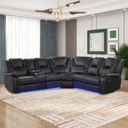 Modern Faux Leather Manual Reclining With Center Console With LED Light Strip, Living Room Furniture Set, Symmetrical Couch With 2 Cup Holders And Storage For Living Room - Black