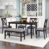 6 Piece Kitchen Dining Table Set Wooden Rectangular Dining Table, 4 Chairs And Bench Family Furniture - Espresso - Image 15