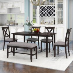 6 Piece Kitchen Dining Table Set Wooden Rectangular Dining Table, 4 Chairs And Bench Family Furniture - Espresso