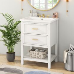 Bathroom Vanity With Top Sink, Modern Bathroom Storage Cabinet 2 Drawers, Single Sink Bathroom Vanity - White