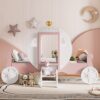 Twin Size Princess Carriage Bed With Crown, Platform Car Bed With Stair - White / Pink - Image 3