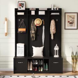 5 In 1 Entryway Bench With Coat Rack, 7 Sturdy Hooks, 2 Spacious Drawers And Adjustable Shelves, Wide Hall Tree With Metal Handles For Hallway - Black