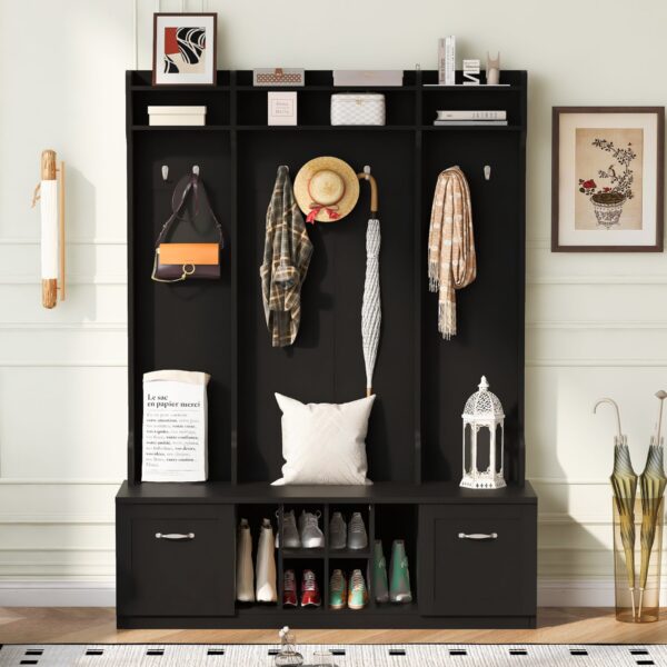 5 In 1 Entryway Bench With Coat Rack, 7 Sturdy Hooks, 2 Spacious Drawers And Adjustable Shelves, Wide Hall Tree With Metal Handles For Hallway - Black
