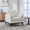 Wide Modern Farmhouse Performance Accent Chair With Black Legs, Wood Base Reading Armchair Single Sofa With 2 Bolster Pillows For Living Room Offices And Lounge - Ivory - Image 2