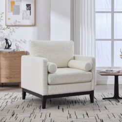 Wide Modern Farmhouse Performance Accent Chair With Black Legs, Wood Base Reading Armchair Single Sofa With 2 Bolster Pillows For Living Room Offices And Lounge - Ivory