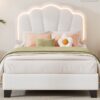 Twin Size Upholstered Flower-Shape Bed, Elegant Flowers Headboard With LED Light Strip, Sherpa Fabric Platform Bed With Slats Support - White - Image 16
