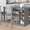 Solid Wood Farmhouse Counter Height Dining Table Set With 3 Tier Storage Shelves, Upholstered Dining Chairs For 4, 5 Piece - Gray - Image 2