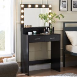 Vanity Desk With Mirror And Lights, Dressing Table With Large Drawer, 2 Level Storage Dresser & 3 Lighting Modes Adjustable Brightness, Suitable For Bedroom - Black