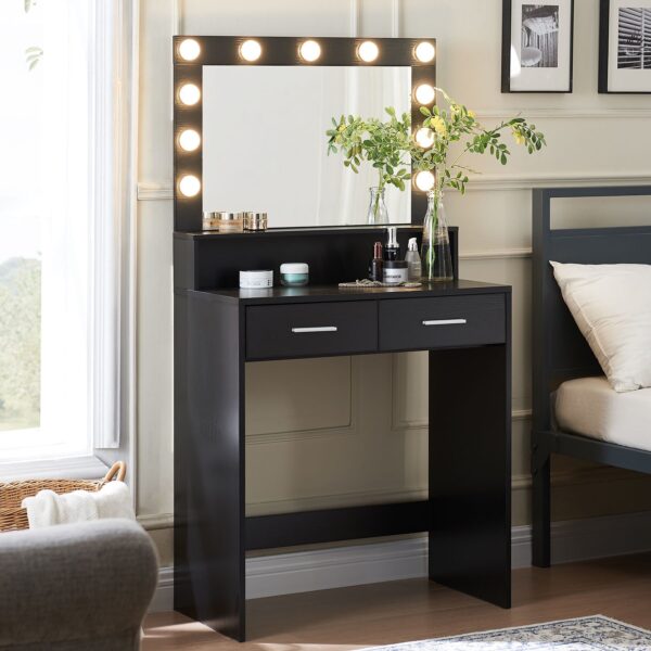 Vanity Desk With Mirror And Lights, Dressing Table With Large Drawer, 2 Level Storage Dresser & 3 Lighting Modes Adjustable Brightness, Suitable For Bedroom - Black