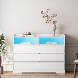 6 Drawer Dresser For Bedroom With LED Lights, Sturdy Frame - White