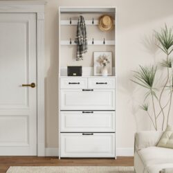 Shoe Cabinet With 3 Doors 2 Drawers With Hanger, PVC Door With Shape, Large Space For Storage - White
