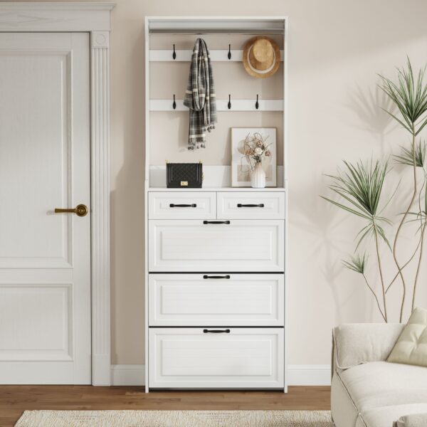 Shoe Cabinet With 3 Doors 2 Drawers With Hanger, PVC Door With Shape, Large Space For Storage - White