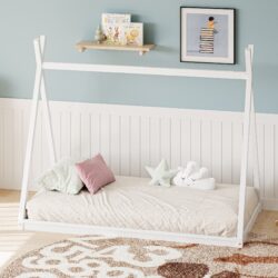 Wood Twin Size Tent Bed For Kids, Montessori Style Low - Floor Bed, House-Shape Tent Bed Frame For Boys Girls Teens, Without Slats - White