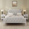 King Size Traditional Style Solid Bed Frame With Upholstered Tufted Headboard, No Box Spring Needed - Antique White - Image 2