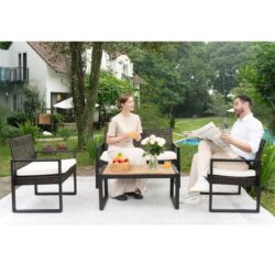 Modern 4 Piece Patio Furniture Set With Acacia Wood Table Top And Beige Cushions - Brown