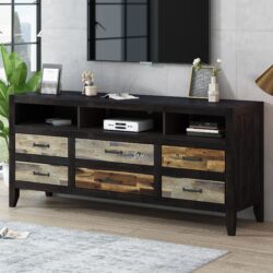 Retro Distressed Wooden TV Stand For TVs Up To 65", Entertainment Center Media Console With 6 Drawers And 3 Shelves For Living Room - Black