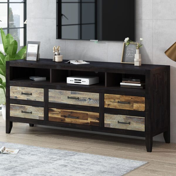 Retro Distressed Wooden TV Stand For TVs Up To 65", Entertainment Center Media Console With 6 Drawers And 3 Shelves For Living Room - Black