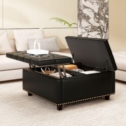 Large Square Storage Stool With 2 Storage Doors, Footstool For Living Room Studded Mid - Century Modern Coffee Table - Black