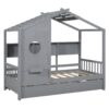 Twin Size House Bed With Trundle, Modern Design For Kids With Storage Shlef - Gray - Image 4