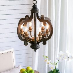 Farmhouse Chandelier, 6 Light Wood Chandelier Pendant Light Fixture With Adjustable Chain For Dining Room Living Room Entryway, Bulb Not Included - Beige Brown