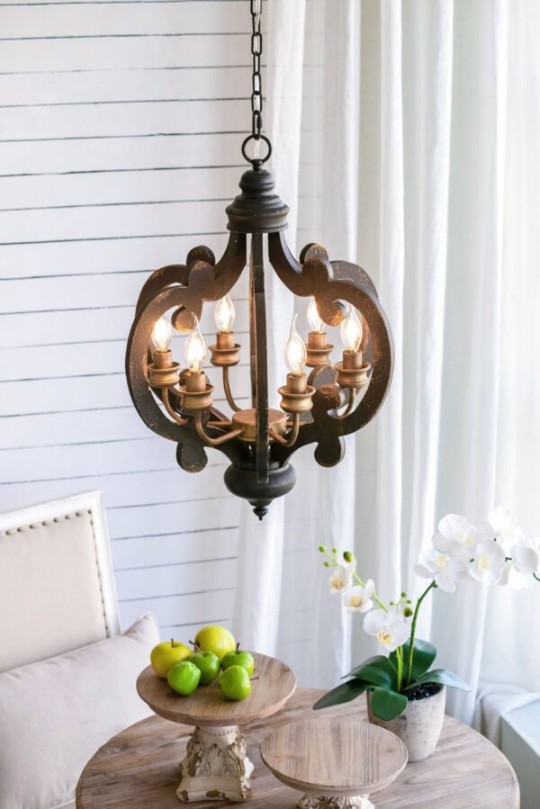 Farmhouse Chandelier, 6 Light Wood Chandelier Pendant Light Fixture With Adjustable Chain For Dining Room Living Room Entryway, Bulb Not Included - Beige Brown