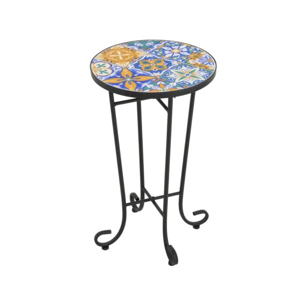 Vibrant French Country Patio Side Table Ceramic Tile And Iron Frame - Colorful / Black